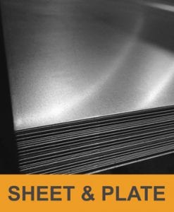 Pile of black steel sheets with sheet & Plate text